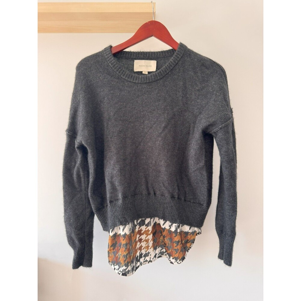 Brochu Walker Womens XS Gray Layered Houndstooth Crew Neck Wool Cashmere Sweater